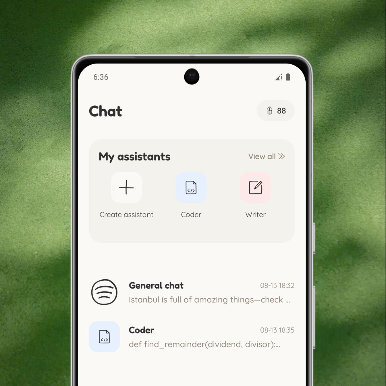Offeline running a local AI chat on an Android phone, with custom Coder and Writer assistants