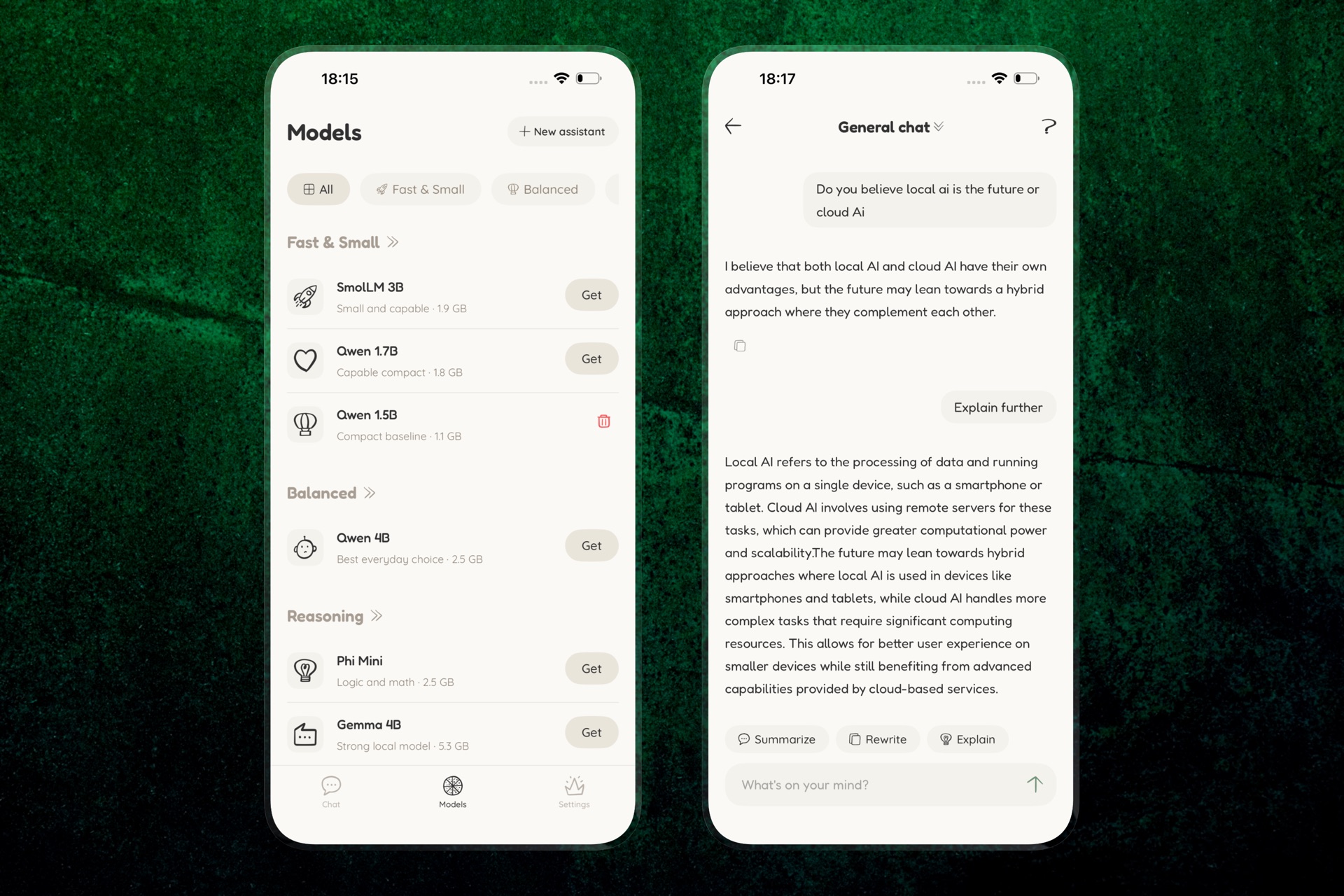 Offeline offline AI chat and local LLM model selection on iPhone
